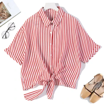 

Women's 100% Pure Silk Short sleeve Top Shirt Blouse Bow tie style red stripes one size JN089