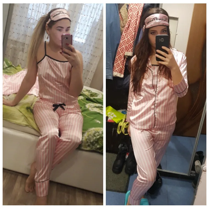 JULY'S SONG Pink 7 Pieces Women's Pajamas Sets Faux Silk Striped Pyjama Women's Pajamas Sleepwear Sets Spring Summer Homewear satin pj set