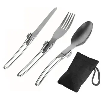

Stainless Steel Outdoor Camping Picnic Tableware Hiking Trip Folding Tableware Cutlery Three-piece Set