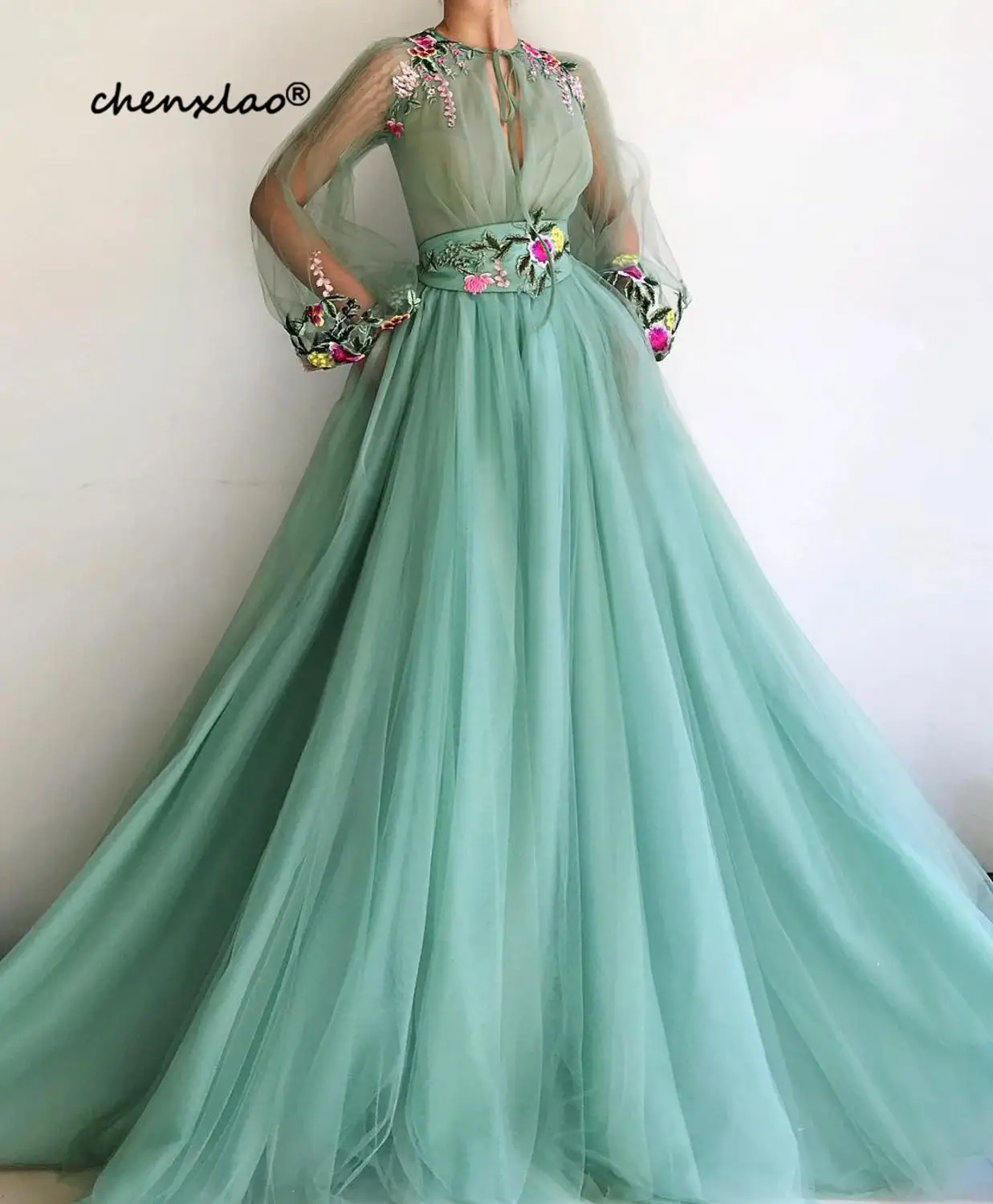 same as image Vestido de festa длинное вечернее платье с аппликацией из кружева и тюля трапециевидной формы с круглым вырезом и длинными рукавами Вечерние платья длиной до пола Торжественное платье - Цвет: same as image