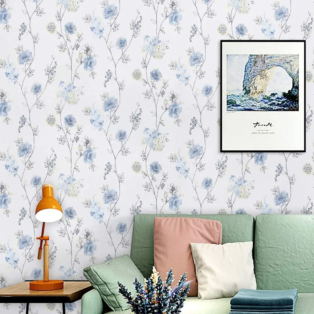 HaoHome 블루 플로랄 벽지, 모던 플로랄 필 앤 스틱 벽지, 자체 접착 방수, 탈착식 접촉 용지