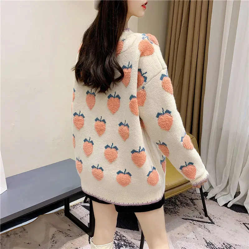 Sweet Cute Pink Cartoon Strawberry Peach Snowflake Knitted Sweater Women  Loose Casual Pullover Sweater Winter Warm Woman Clothes - AliExpress