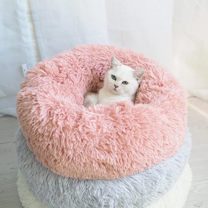  Long Plush Cat Bed House Soft Pet Dog Bed Round Cats Nest Winter Warm Sleeping Cushion Puppy Mat Po