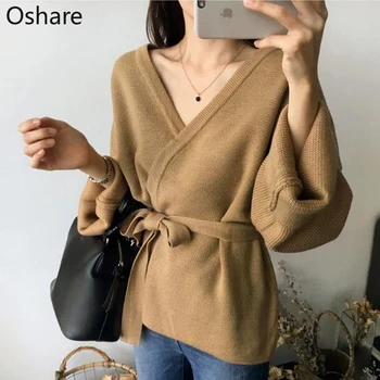 

NEW Women Cardigan With Tie Belt Wide Sleeve Open Front Cozy Knit Cardigan Ladies Knitwear Autumn Winter Cardigans Sweater