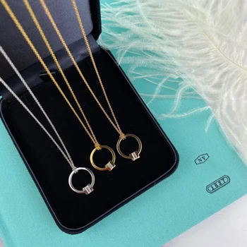 

Women Necklace Hollow single circle square mouth Pendant Clavicle chain S925 Sterling silver Jewelry Valentine's Day gift