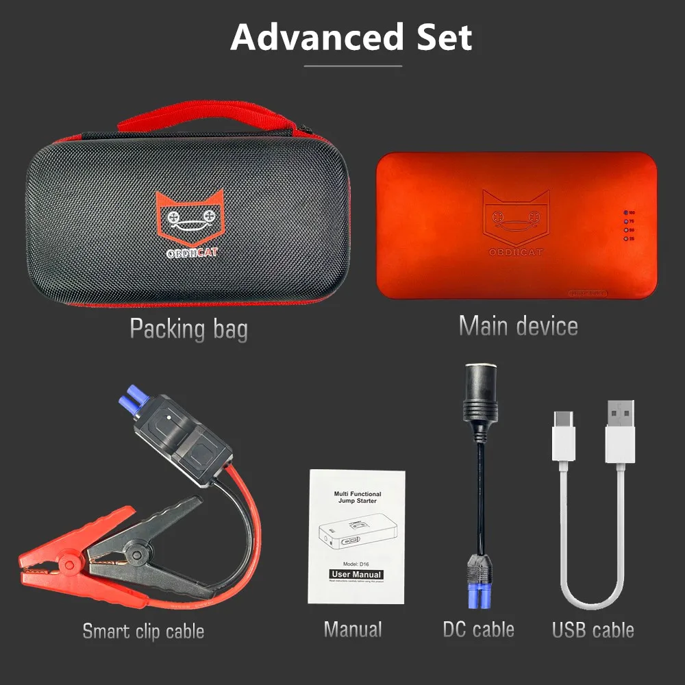 Upgraded OBDIICAT-D16 Car Jump Starter Power Bank Portable Charger Gasoline/Diesel Emergency Battery Booster Car Accessories portable car jump starter