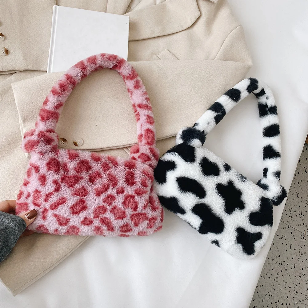 Fashion Women Cow Print Mini Shoulder Bags Female Winter Plush Underarm Bags Leopard Zebra Pattern Fluffy Tote Bags Small Purses 1