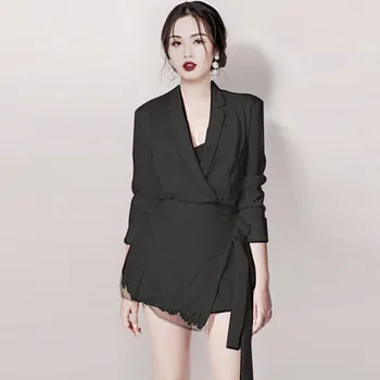 

Runway Designer Women's Set Sexy Silk Notched Blazer Tie Bow Lace Up Mini Skirt 2 Piece Set Suit Coat Lace Skirt F142 Solid