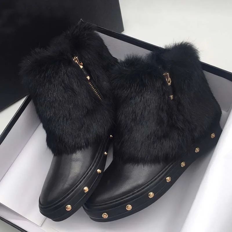 Wool Fur Snow Boots Women Round Toe Rivet Luxury Design Flat Shoes Woman Fashion Warm Ankle Boots Winter