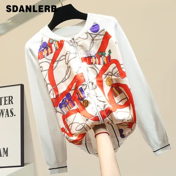 

Printed Zip-up Sweater Cardigan Woman 2020 Spring New Sweater Cardigans Loose Outer Wear Round Neck Coat Knitwear Woman Tops