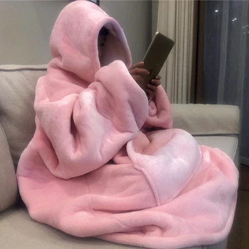

Winter Outdoor Hooded Pocket Blankets Warm Soft Hoodie Slant Robe Bathrobe Sweatshirt Pullover Tv Fleece Blanket With Sleeves