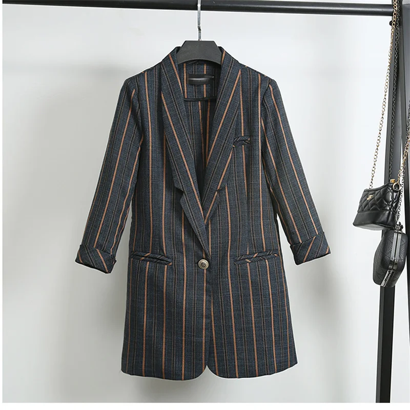 

Tailored Collar Gray Navy Blue Striped Spring Summer Blazers Business suit women Korean style loose Mid-Length Fashion Coat