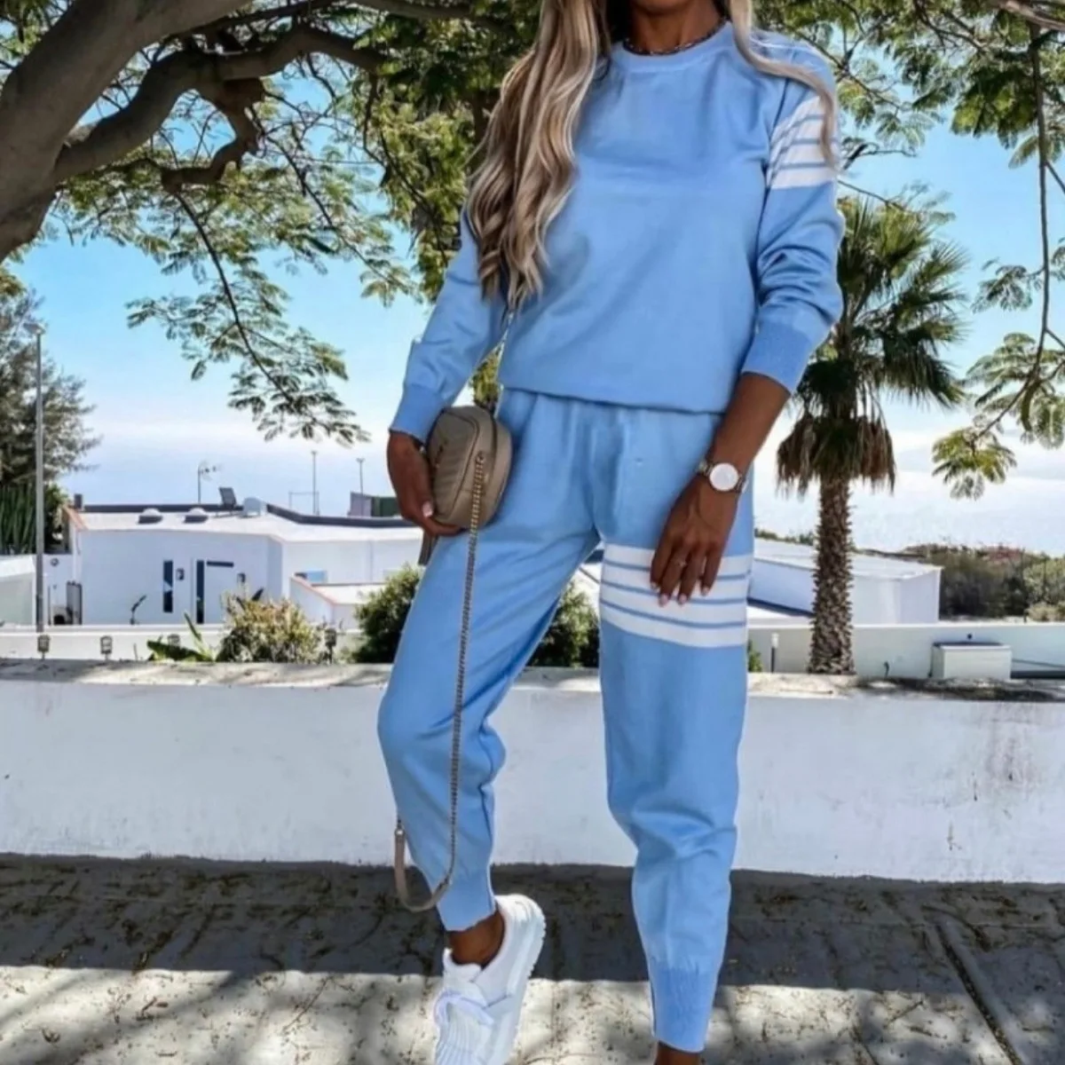 Loose High Waist Striped Two Piece Casual Sweatpants Suit Fashion Women Sports Wear Full Sleeve Sets Autumn Pullover Sweatsuits