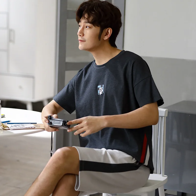 

2020 Pajamas MEN'S Short Sleeve Pure Cotton Summer Men Pure Cotton Large Size Casual Comfortable Pajamas Homewear Set