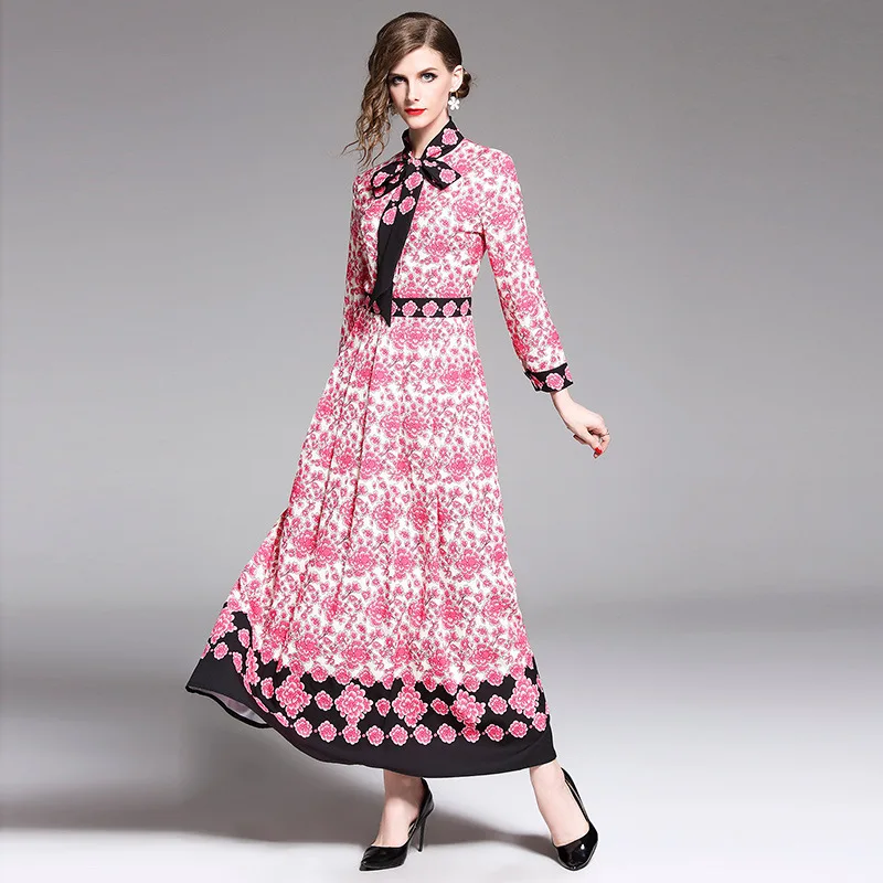 

2019 Spring Clothing New Style Europe And America Pink Floral-Print Fold-down Collar Bow Princess Style Medium-length Dress Dres