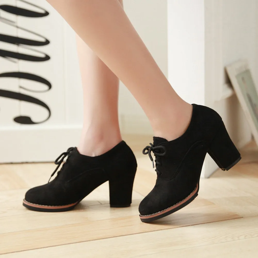 

Spring 2020 New Frosted Leather Deep Mouth Lace Up Heel Round Toe British Style Women's Shoes