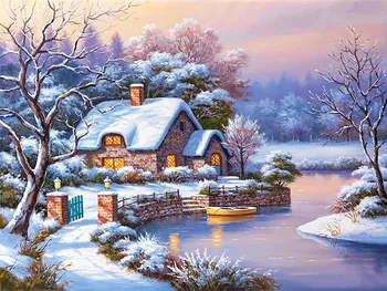

music cross stitch Oil painting scenic snow house 11/ 14ct /16/28/27CT cloth cotton thread embroidery DIY handmade needlework 3