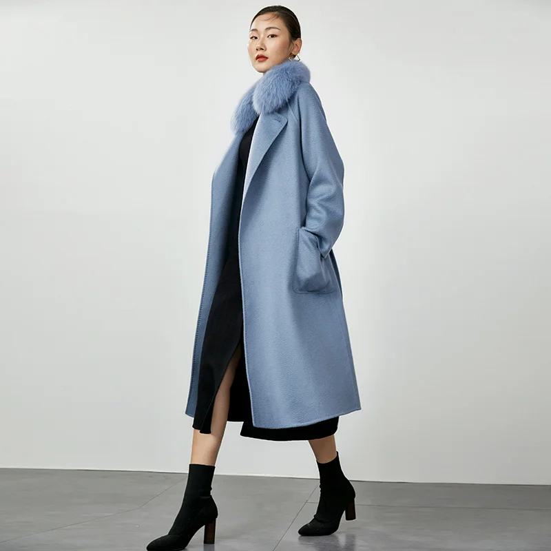 Best Gifts Blue Color Two Pockets Slashes Long Autumn Winter Coat Women Blends Wool Collar Casmere Ladies Warm Slim Outwear |