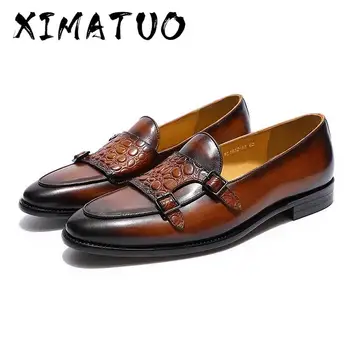 

Luxurious Men's Double Monk Strap Loafers Genuine Leather Brown Green Mens Casual Dress Shoes Slip On Wedding Men Shoe