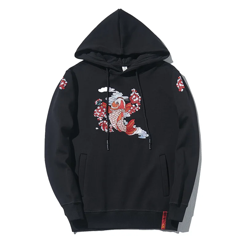 

Japan Fish Embroidered Fleece Winter Hoodies Men with Hood Sweatshirts Velvet Cotton Sweatshirt Sukajan Jumper Yokosuka Souvenir