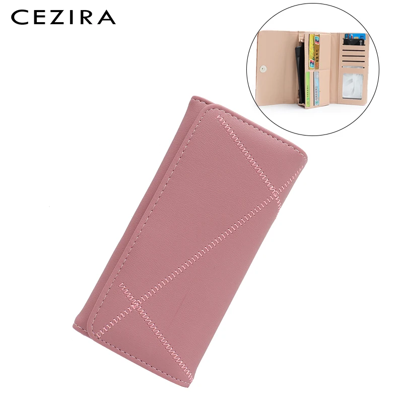 

CEZIRA Long Functional Wallet for Women Vegan Multi Pockets ID Credit Card Cash Photo Holder Bag Fashion Thread Pattern Wallet