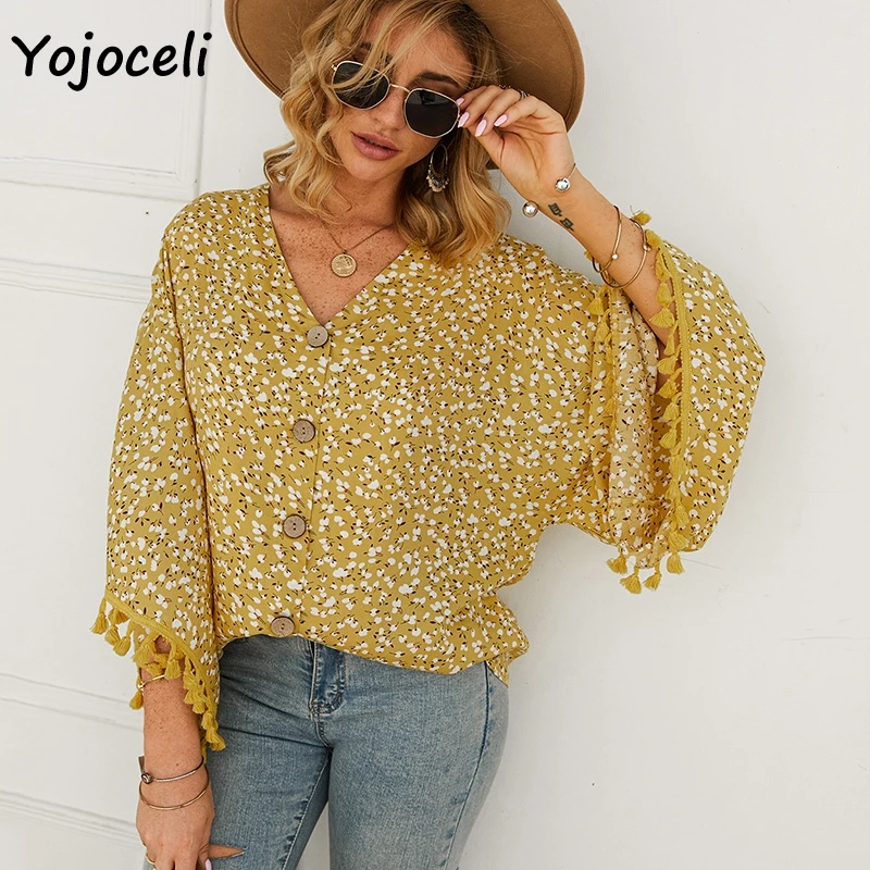 Yojoceli цветочные печати Кнопка блузки рубашка для женщин tassles boho пляжные Топ |