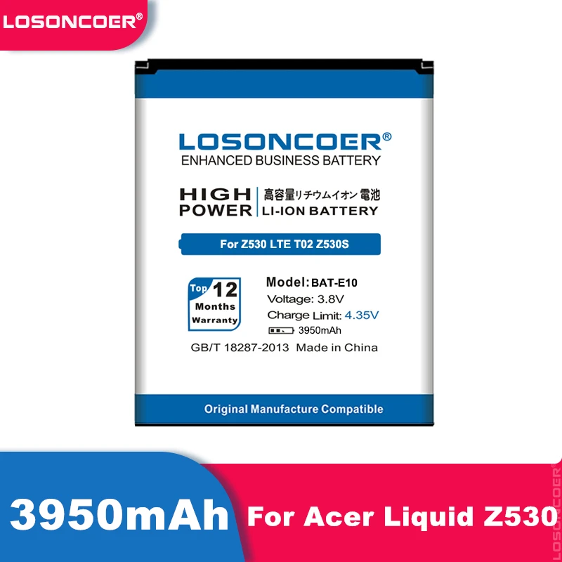 Аккумулятор LOSONCOER BAT E10 3950 мАч ICP9375870L1 (1ICP4/58/71) для Acer Liquid Z530S T02 Z530 LTE сменный литий