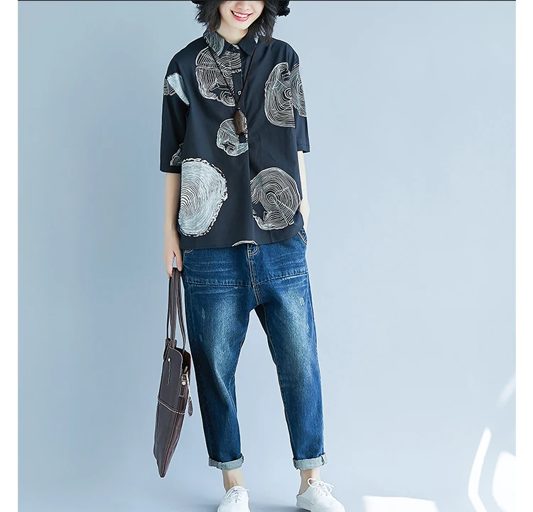 Summer New Style Literature And Art Large Size Dress Fat Mm Cardigan Fold-down Collar Printed Versatile Half-sleeve Shirt W