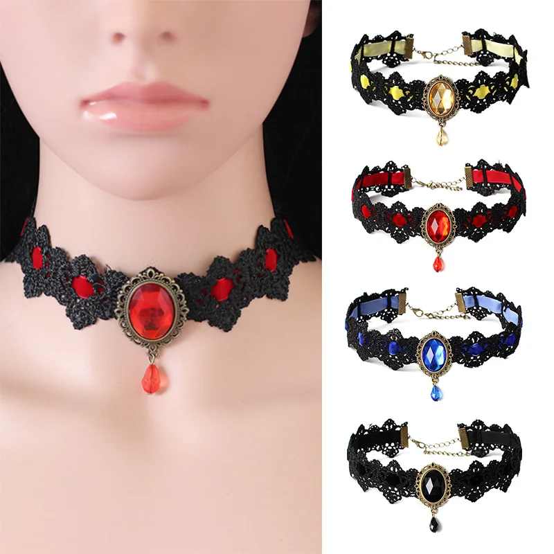 Gothic Bohemia Lace  Tattoo Choker Necklace Women Vintage Black Red Blue Crystal Necklaces Gothic Punk Collar Choker Jewelry