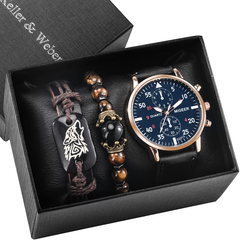 

Exquisite Man Watch Gift Box Quartz Rose Gold Case Leather Watchband Pin Buckle Men's Wrist Chain Birthday Gifts Set for Dad Son