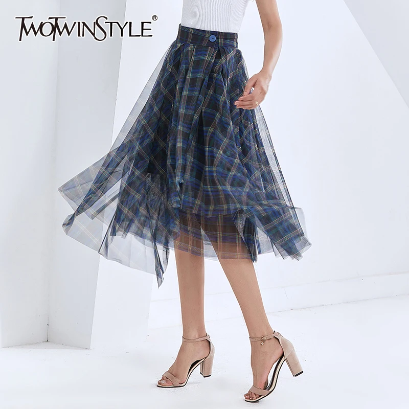 

TWOTWINSTYLE Plaid Patchwork Mesh Skirt For Women High Waist Vintage Elegant Midi Skirts Female 2020 Fall Fashionable New Tide