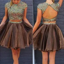 A-Line/принцесса без рукавов Совок Бисероплетение Короткие/Мини органза два части платья