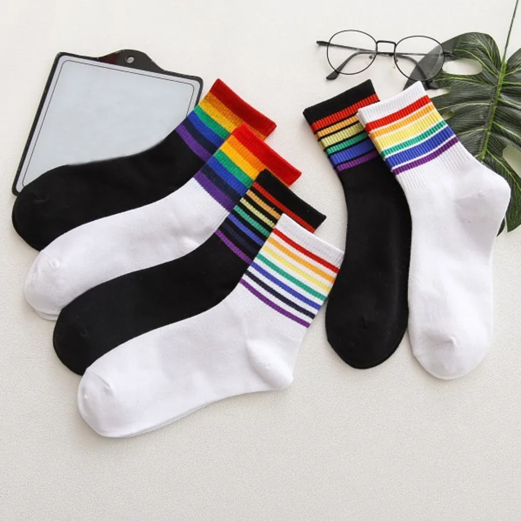 2 pairs of lovers wild rainbow striped cotton socks loaded deodorant sweat-absorbent warm casual sports office autumn winter new