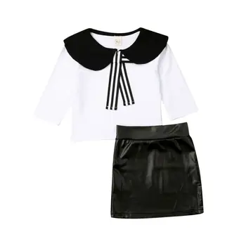 

Imcute 1-6Y Toddler Kid Baby Girl School Clothes Sets Outfit Solid Color Long Sleeve T-Shirts Tops+Leather Black A-Line Skirts