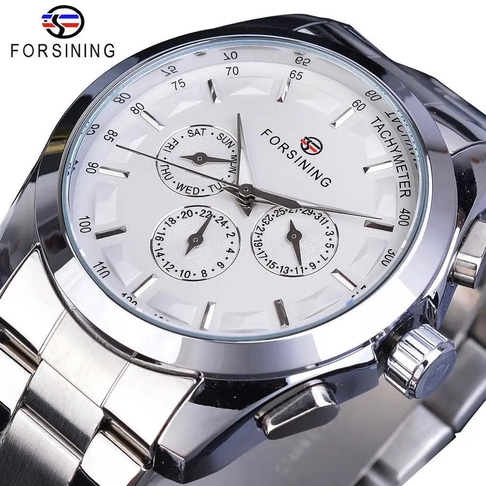 Banda de Aço Forsining Prata Branco Masculino Relógio Mecânico 3 Sub Dial Luminoso Mãos Data Inoxidável Homem Negócios Esporte Montre Homme