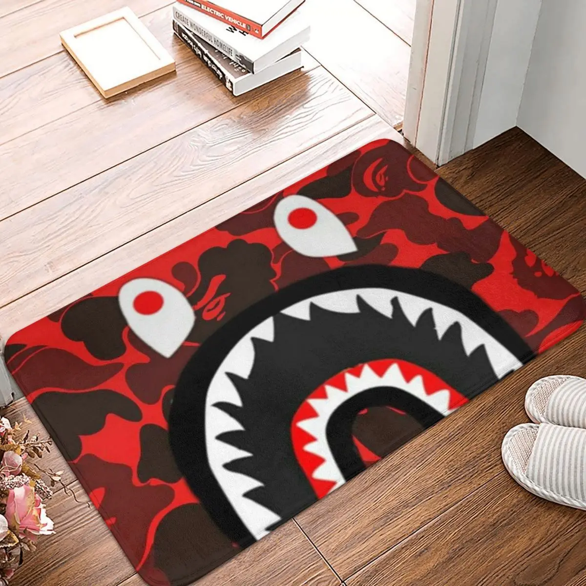 Красный Камуфляжный коврик Bape в виде акулы для ног нескользящий из полиэстера