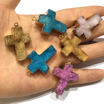

Natural Stone Druzy Agates Pendant Trendy Cross Shape Quartz Charms For Jewelry Making DIY Necklace Accessories Size 23x35mm