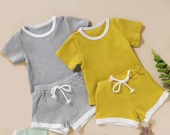 

2020 Toddler Baby Boys Girls Summer Clothing Newborn Kids Baby Girls Ribbed Knitted Short Sleeve T-shirts+Shorts Tracksuits Sets