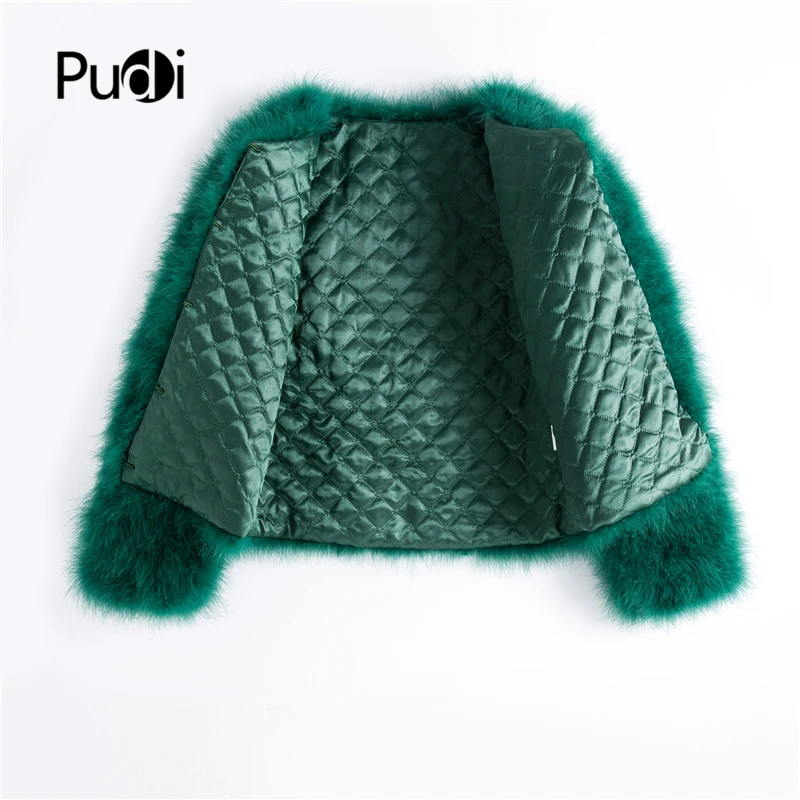 Baratos Pudi 2019 nuevo abrigo de piel de avestruz color caramelo para mujer pelo de pavo envío gratis chaqueta informal corta parka CT902