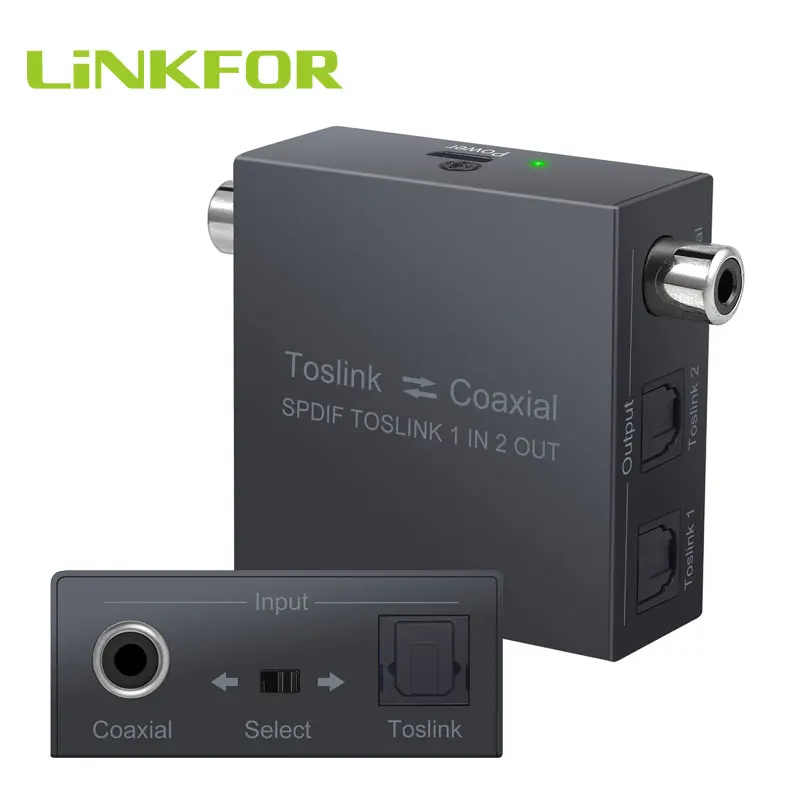LiNKFOR 192KHz Digital Audio Converter Optical SPDIF Toslink Splitter 1 in 2 Out Coaxial to Optical & Optical to Coaxial Switch