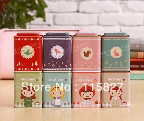 

Free Shipping!4pc/lot Lovely Tea Canister Square Shape Metal Box Iron Storage Container Coffee Bean Storage box Mixed Design
