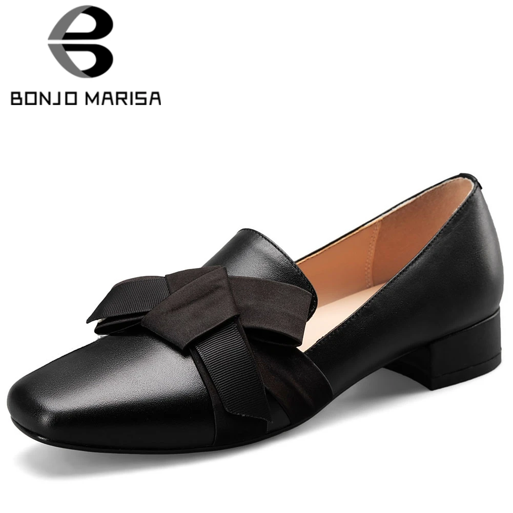 

BONJOMARISA Ladies Fashion Brand Fresh Color Pumps Decorating Genuine Leather Pumps Women Casual Low Heel OL Shoes Woman