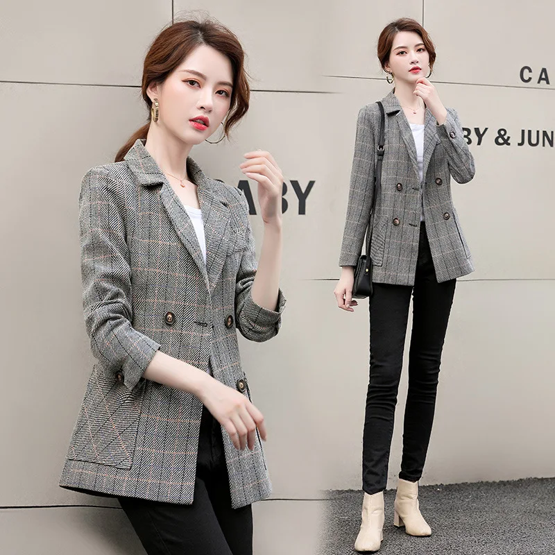 

Plaid Small Suit Women's Middle Long Coat 2019 Spring And Autumn Popular New Style Waist Hugging CHIC British-Style Suit Fashion