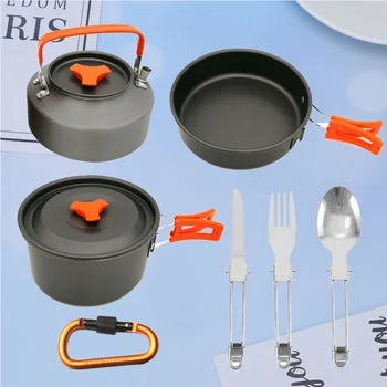 

Outdoor Camping Pots Set 2-3 People Camping Cookware Lightweight Teapots Kit With Cutlery Backpacking Camping Cookware Mess Kit