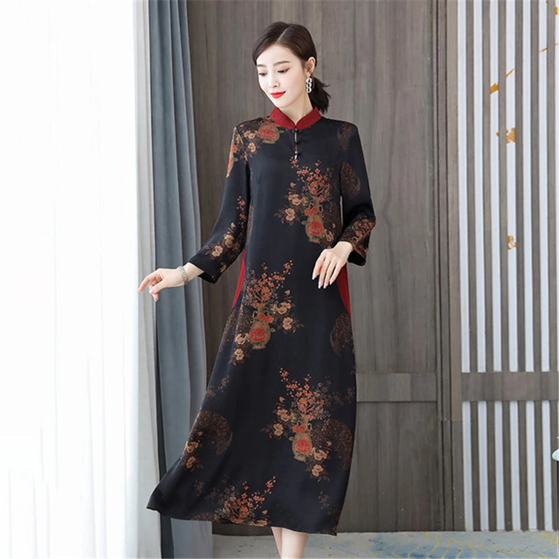Spring Autumn Chinese style dress for women long Full sleeved dress ladies improved cheongsam dress Printing fragrant cloud yarn