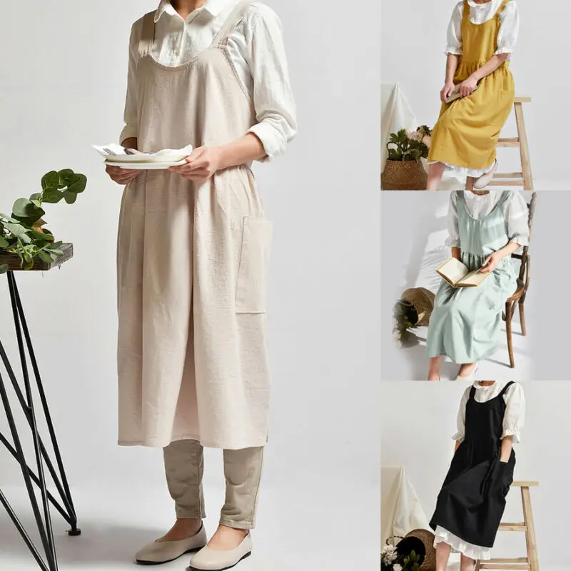 1PC Autumn Female Women Bib Apron Cotton Linen Pinafore Dress Cafe Kitchen Cooking Florist Vintage
