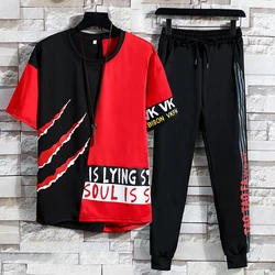 Ensemble vêtements hip hop, streetwear, pour homme, t shirt et pantalon, deux pièces, grande taille 3XL, décontracté, tenue printemps été 
