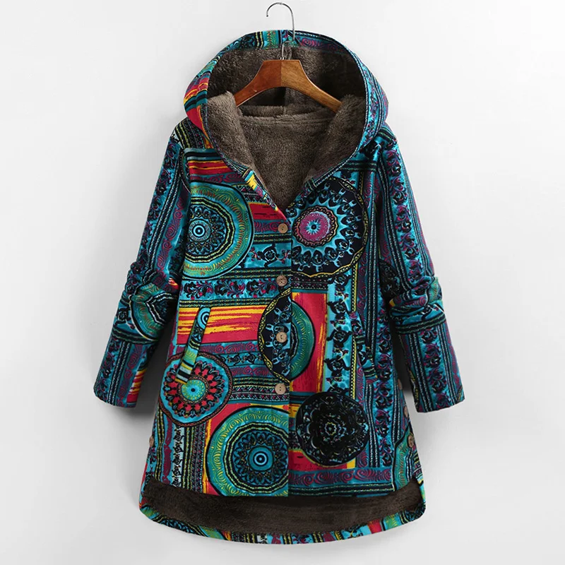 

New Fashion Female Jacket Plush Coat Women Windbreaker Winter Warm Outwear Floral Print Hooded Pockets Vintage Loose Coats