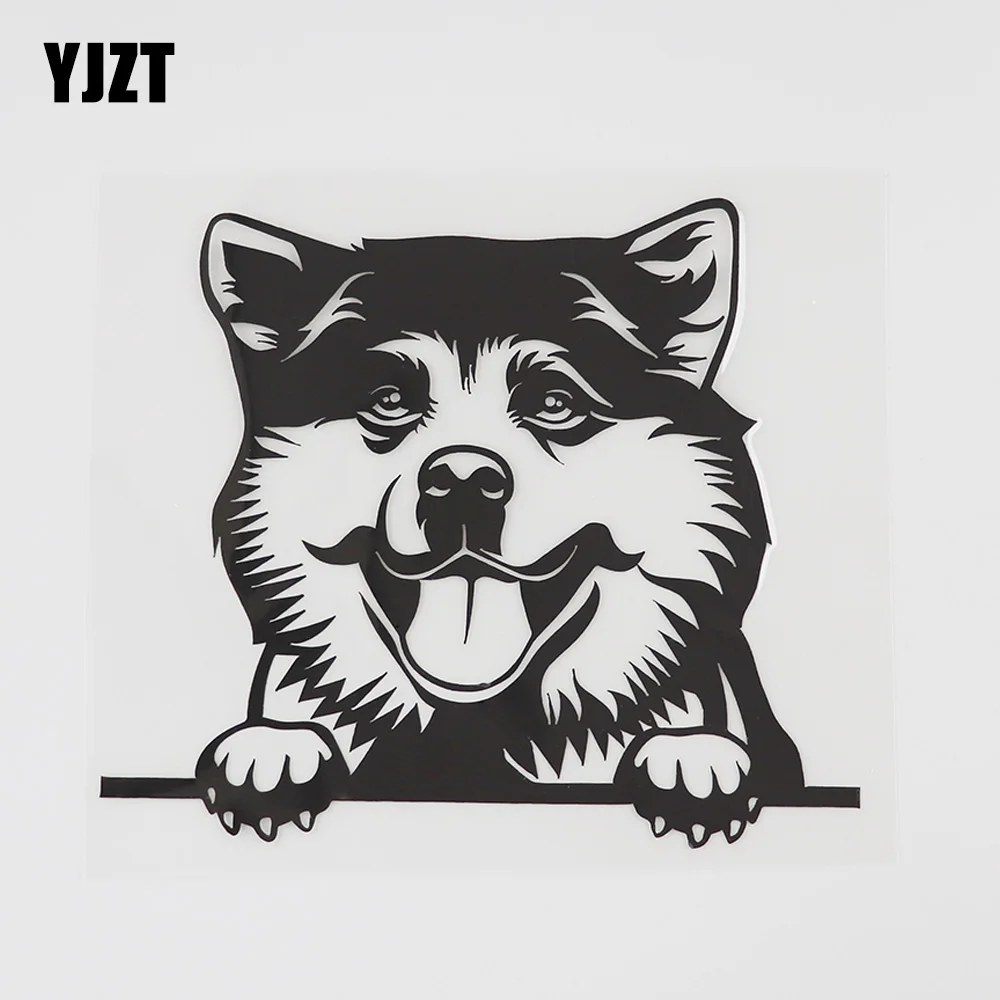 YJZT 13.9CMX12.1CM Akita Dog Hound Decal Peeking Vinyl Car Sticker Black/Silver 8A-0522 | Автомобили и мотоциклы