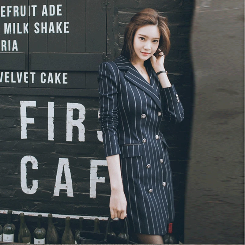 

Split Sexy Notched Women Dress Fashion High Quality Office Lady Slim Striped Blazer Elegant Work Suits Feminino